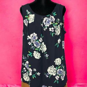 Loft Navy Blue w/ White, Lavender, Green & Yellow Floral Patterned Top